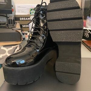 Womens Patent Leather Booties Chunky Heels Thick Platform Ankle Boots Round Toe